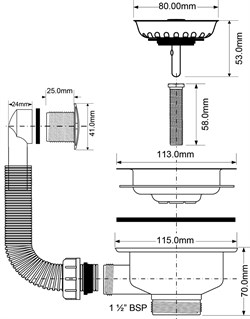 Выпуск для мойки с переливом McALPINE 1 1/2" с нержавеющей съемной решеткой D=113мм, круглый наконечник (OF2-113S) - фото 37420