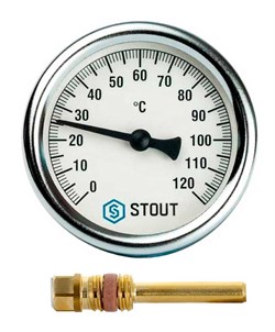 Термометр биметаллический Stout ф 63 мм, гильза 50 мм, t 120°, резьба с самоуплотнением - фото 37617