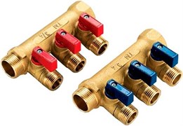 Коллектор Tiemme NINO 3/4&quot; х 2 выхода x 1/2&quot; HP с шаровыми кранами, красные ручки, серия 1822СР, под прокладку